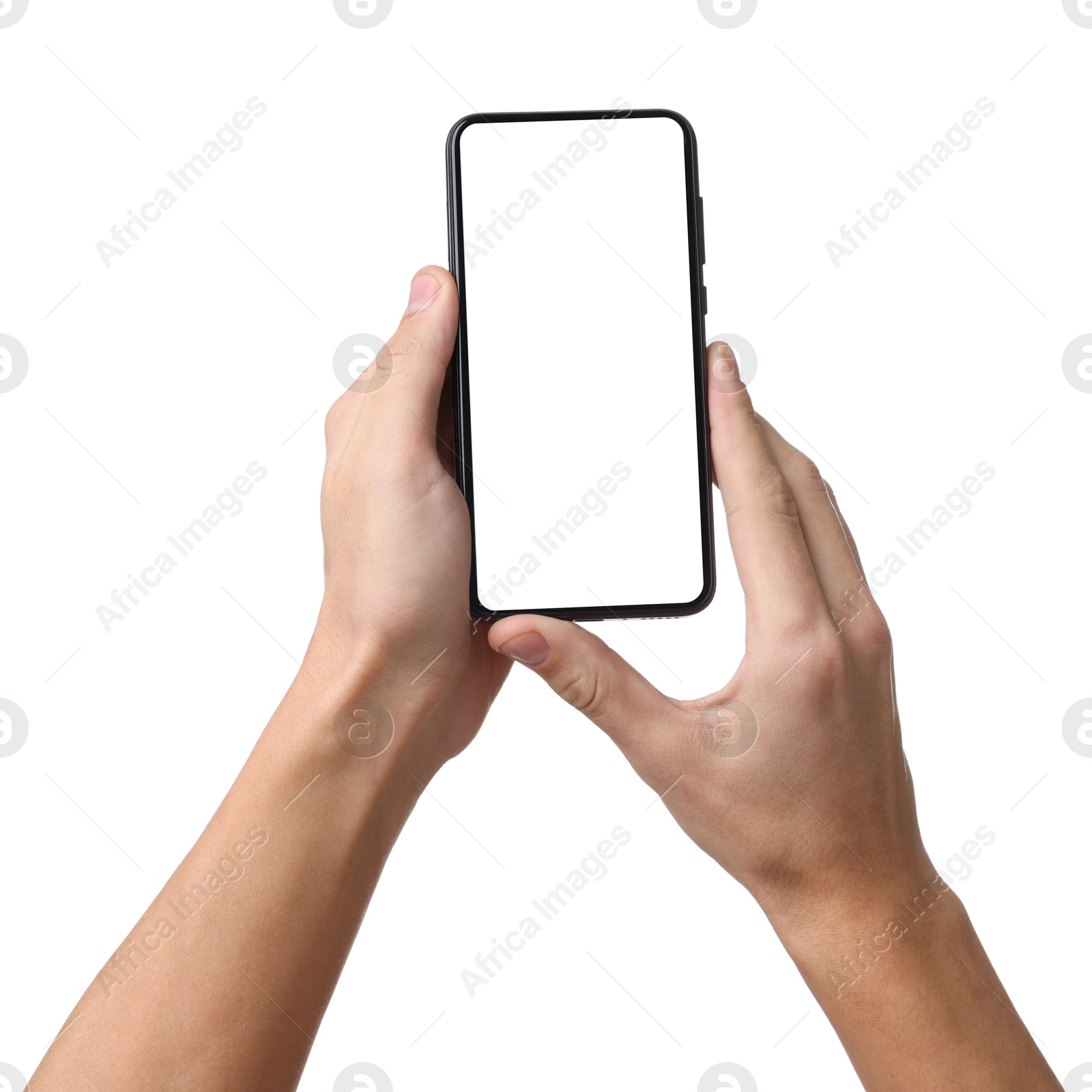 Photo of Man with modern smartphone on white background, closeup