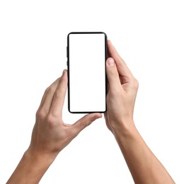 Photo of Man with modern smartphone on white background, closeup