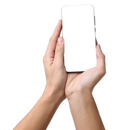 Photo of Man with modern smartphone on white background, closeup