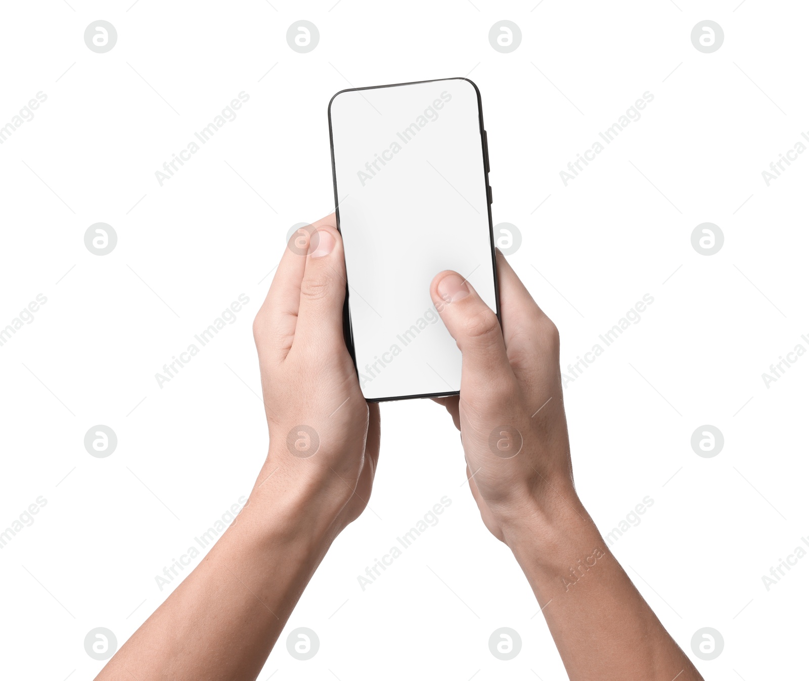 Photo of Man with modern smartphone on white background, closeup