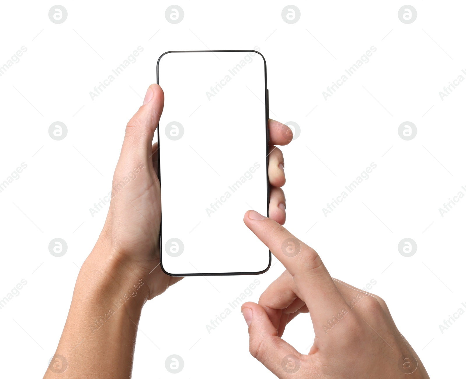 Photo of Man with modern smartphone on white background, closeup