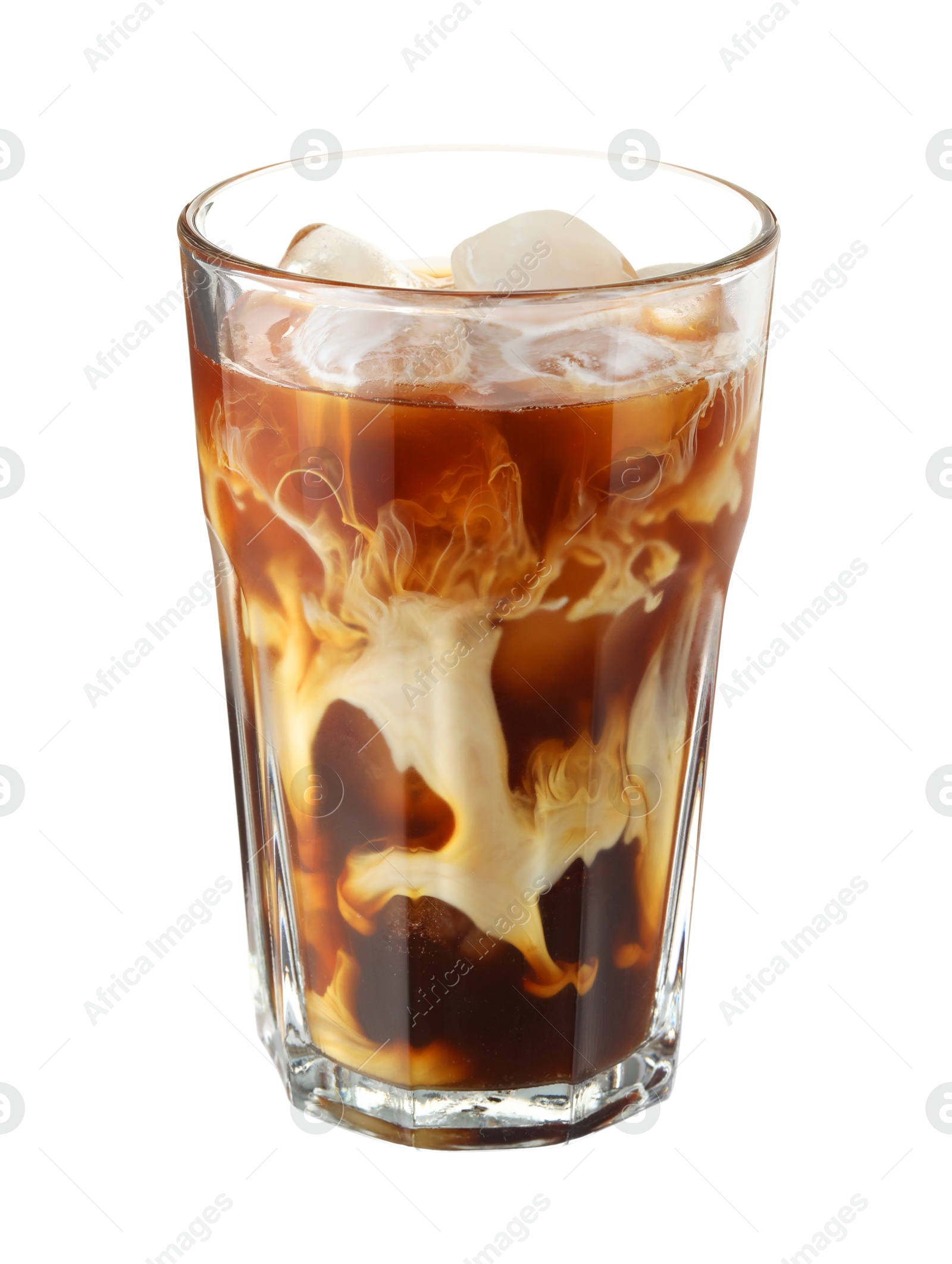 Photo of Refreshing iced coffee with milk in glass isolated on white