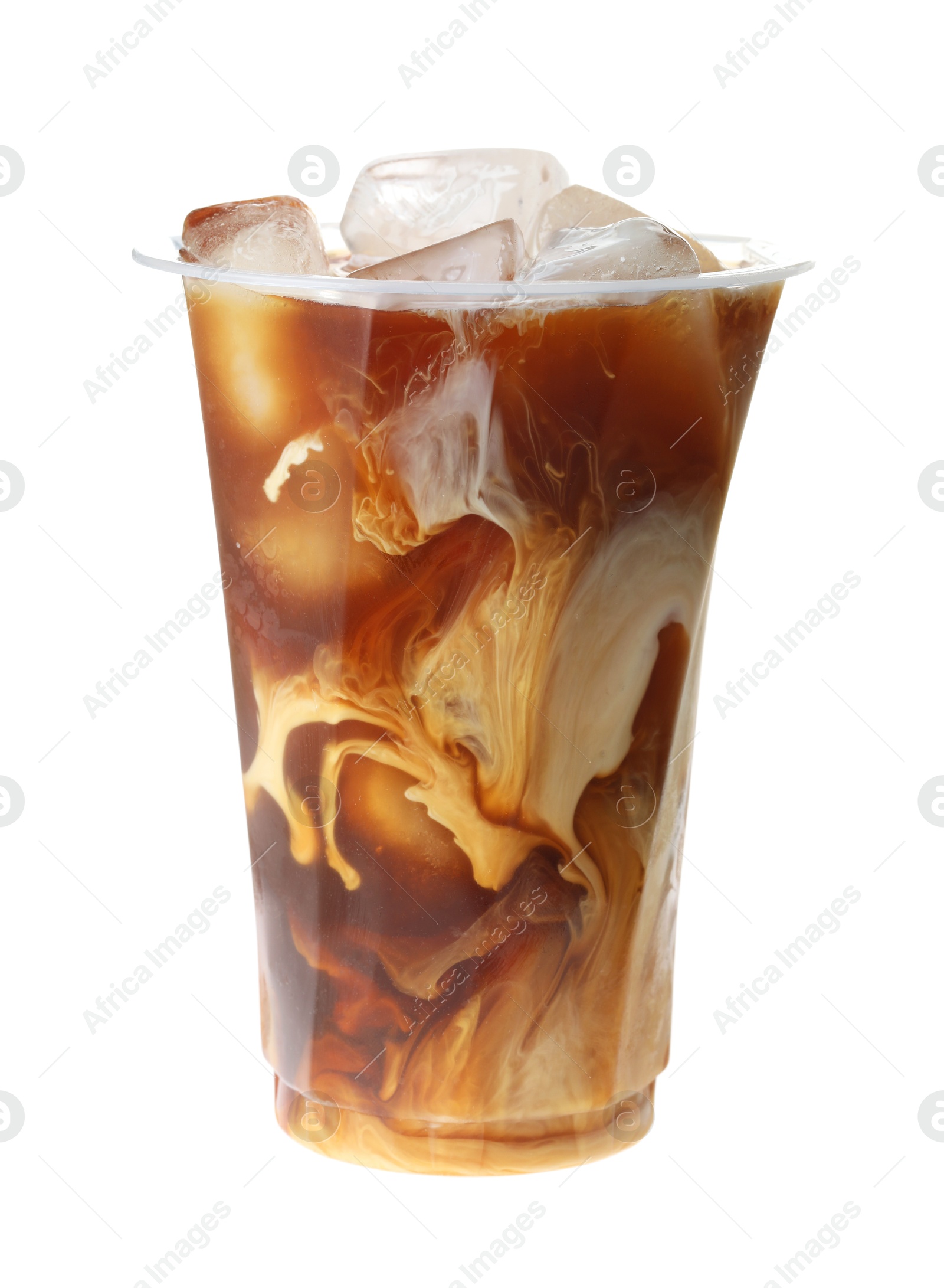 Photo of Refreshing iced coffee with milk in plastic cup isolated on white