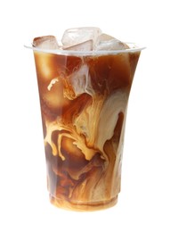 Photo of Refreshing iced coffee with milk in plastic cup isolated on white