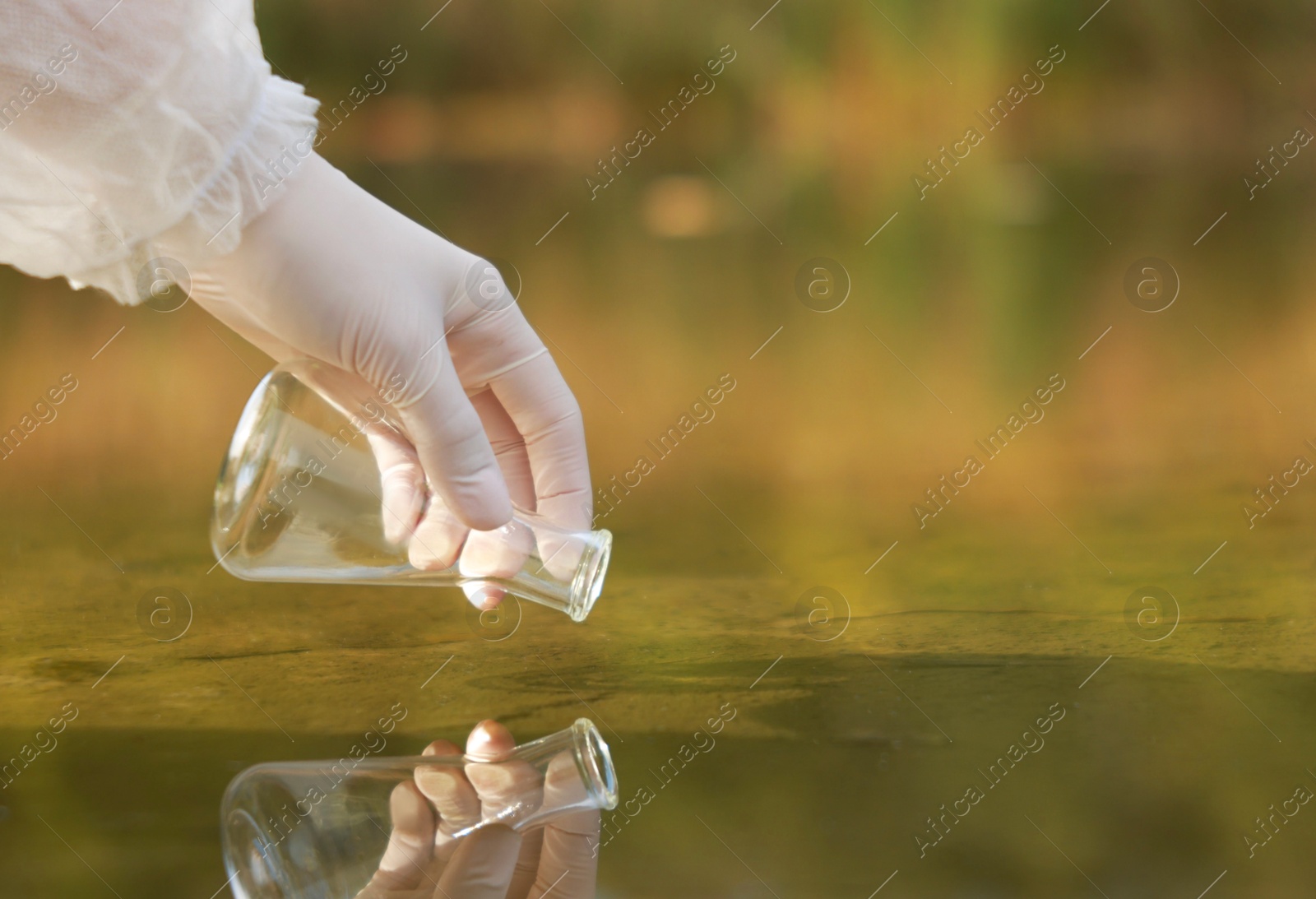 Photo of Examination of water quality. Researcher taking water sample from lake outdoors, closeup. Space for text