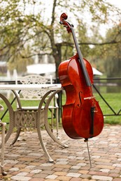 Photo of Beautiful cello near coffee table in park. Classic musical instrument