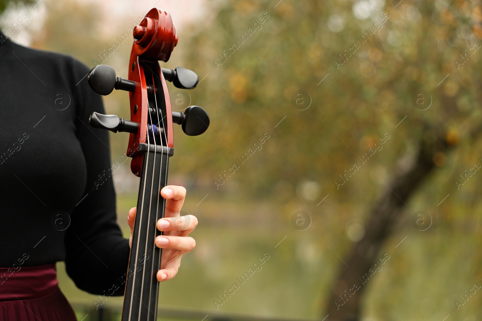 Photo of Woman with cello outdoors, closeup. Space for text