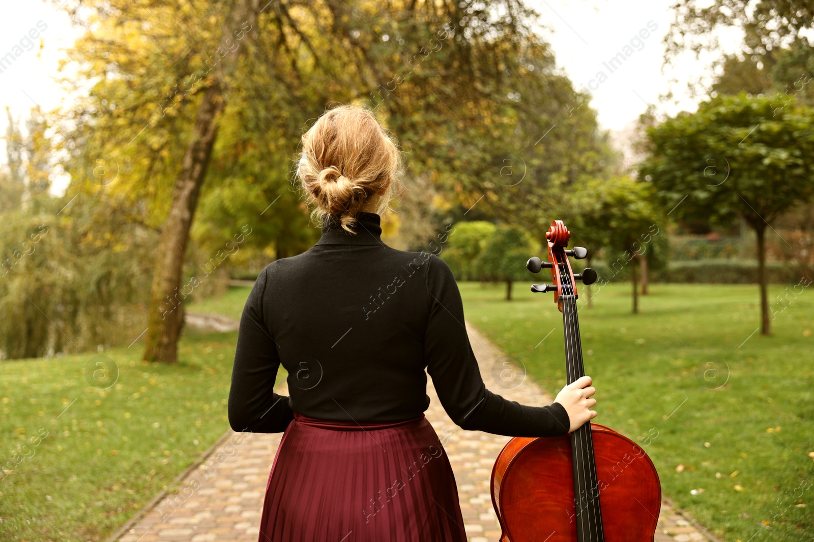 Photo of Woman with cello in park, back view. Classic musical instrument