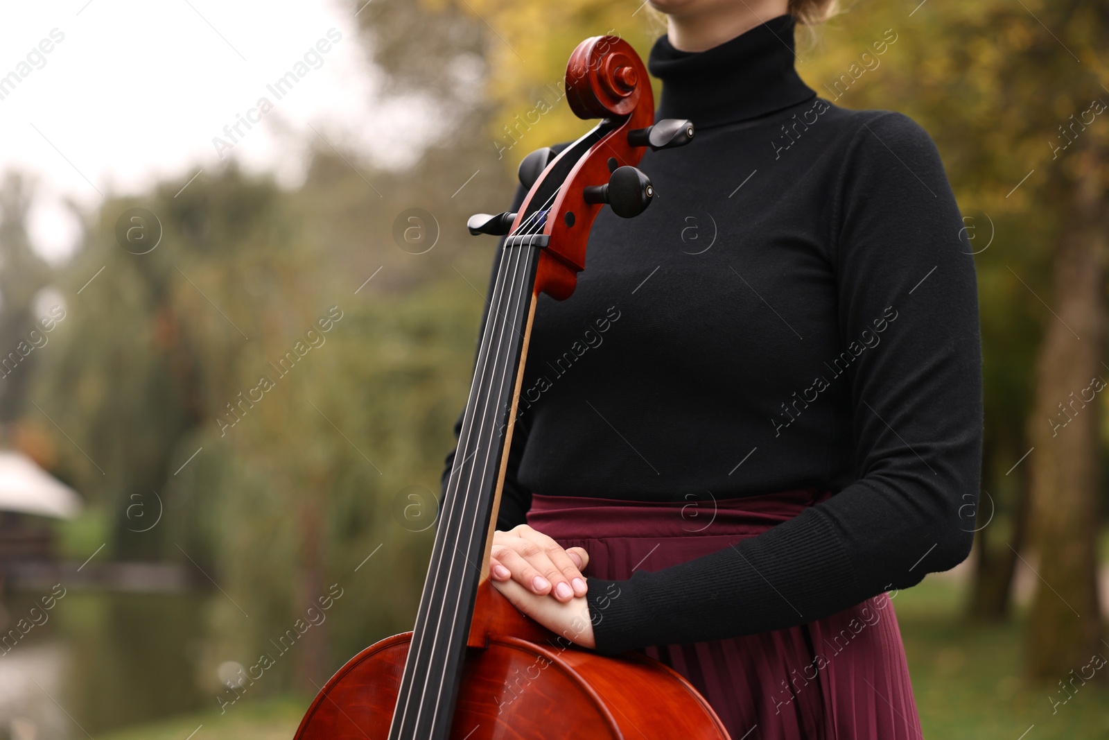 Photo of Woman with cello in park, closeup. Classic musical instrument