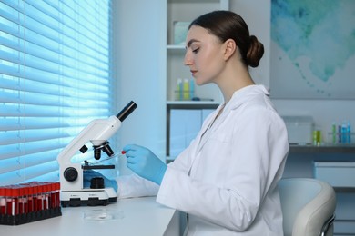 Laboratory testing. Doctor dripping blood sample onto glass slide while working with microscope at table indoors