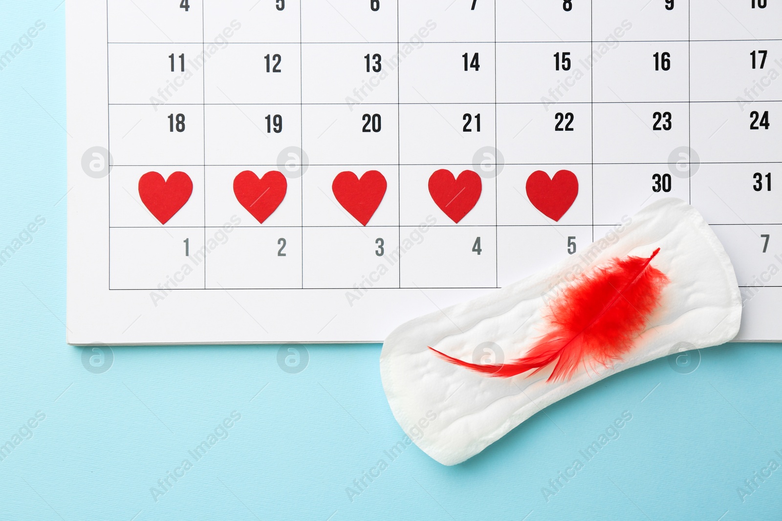 Photo of Calendar with marked dates and menstrual pad with feather on light blue background, top view