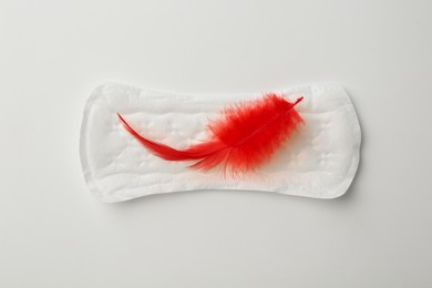 Photo of Menstrual pad with red feather on white background, top view