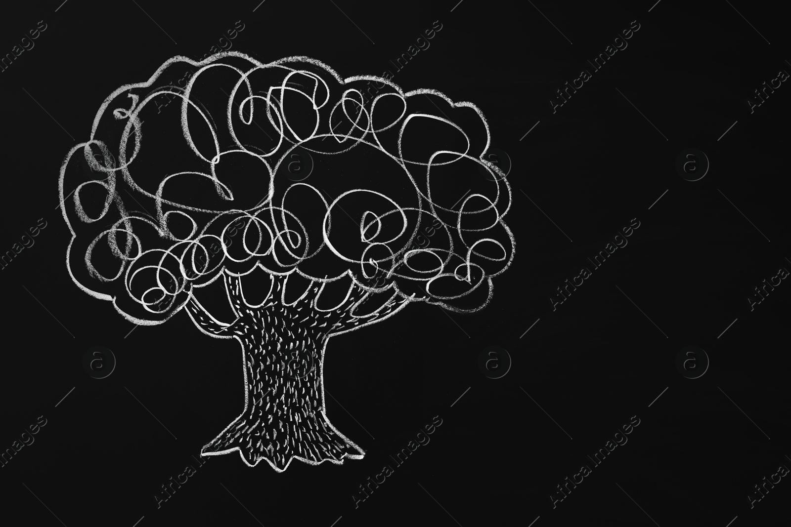 Photo of Beautiful drawing of tree on black chalkboard. Space for text