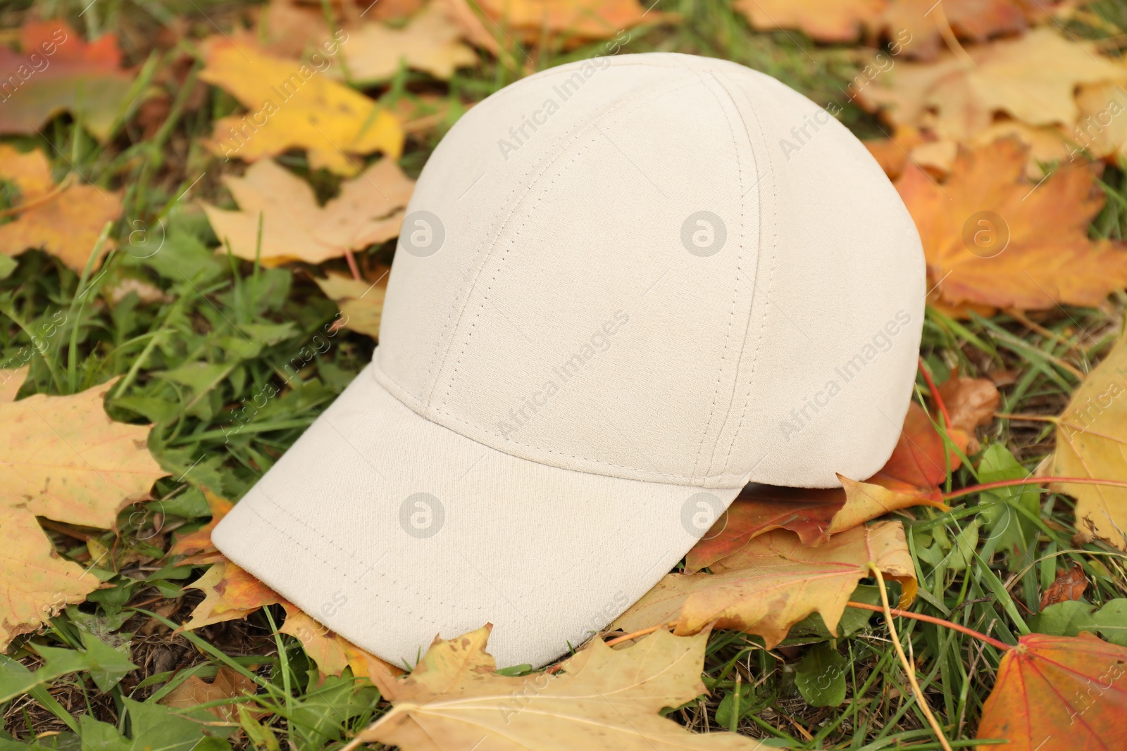 Photo of Stylish baseball cap grass with fallen leaves, closeup. Mockup for design