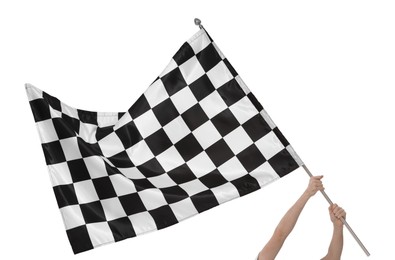 Photo of Woman with checkered flag on white background, closeup