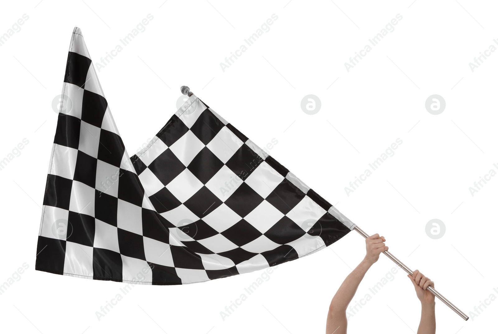 Photo of Woman with checkered flag on white background, closeup