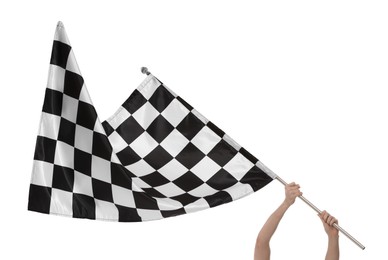 Photo of Woman with checkered flag on white background, closeup