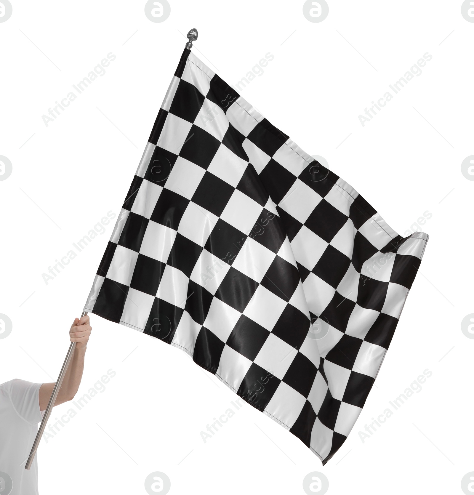 Photo of Woman with checkered flag on white background, closeup