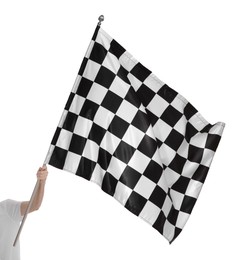 Photo of Woman with checkered flag on white background, closeup