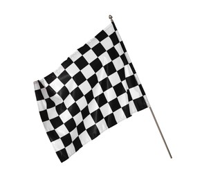 Photo of Woman with checkered flag on white background, closeup