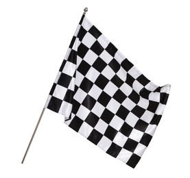 Photo of Woman with checkered flag on white background, closeup