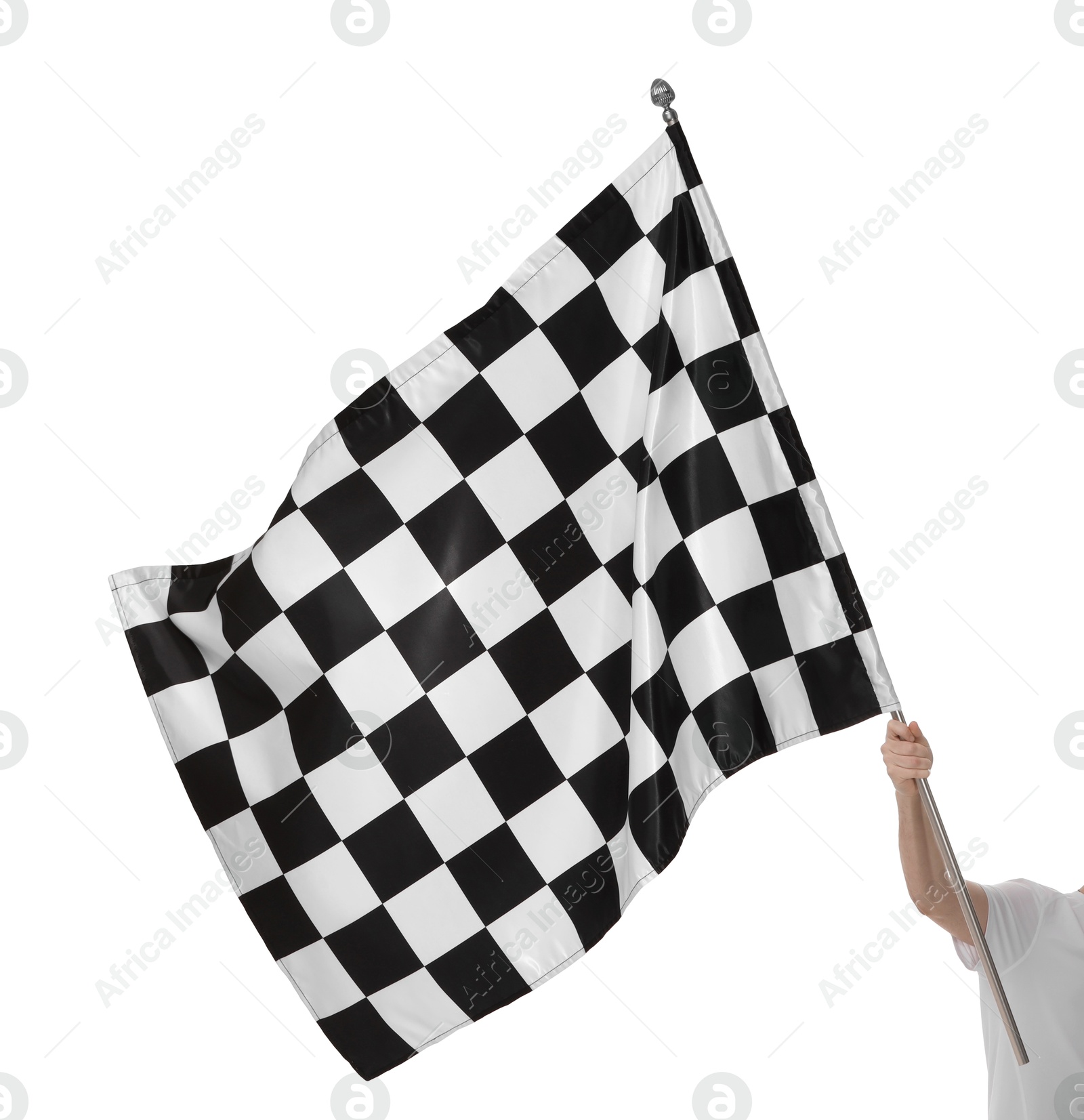 Photo of Woman with checkered flag on white background, closeup