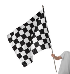 Photo of Woman with checkered flag on white background, closeup