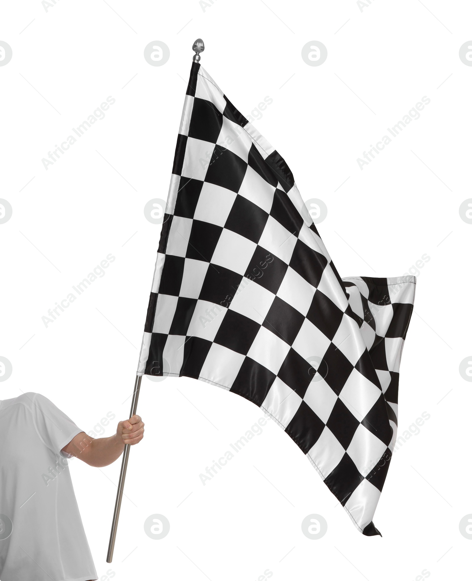 Photo of Woman with checkered flag on white background, closeup