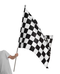 Photo of Woman with checkered flag on white background, closeup