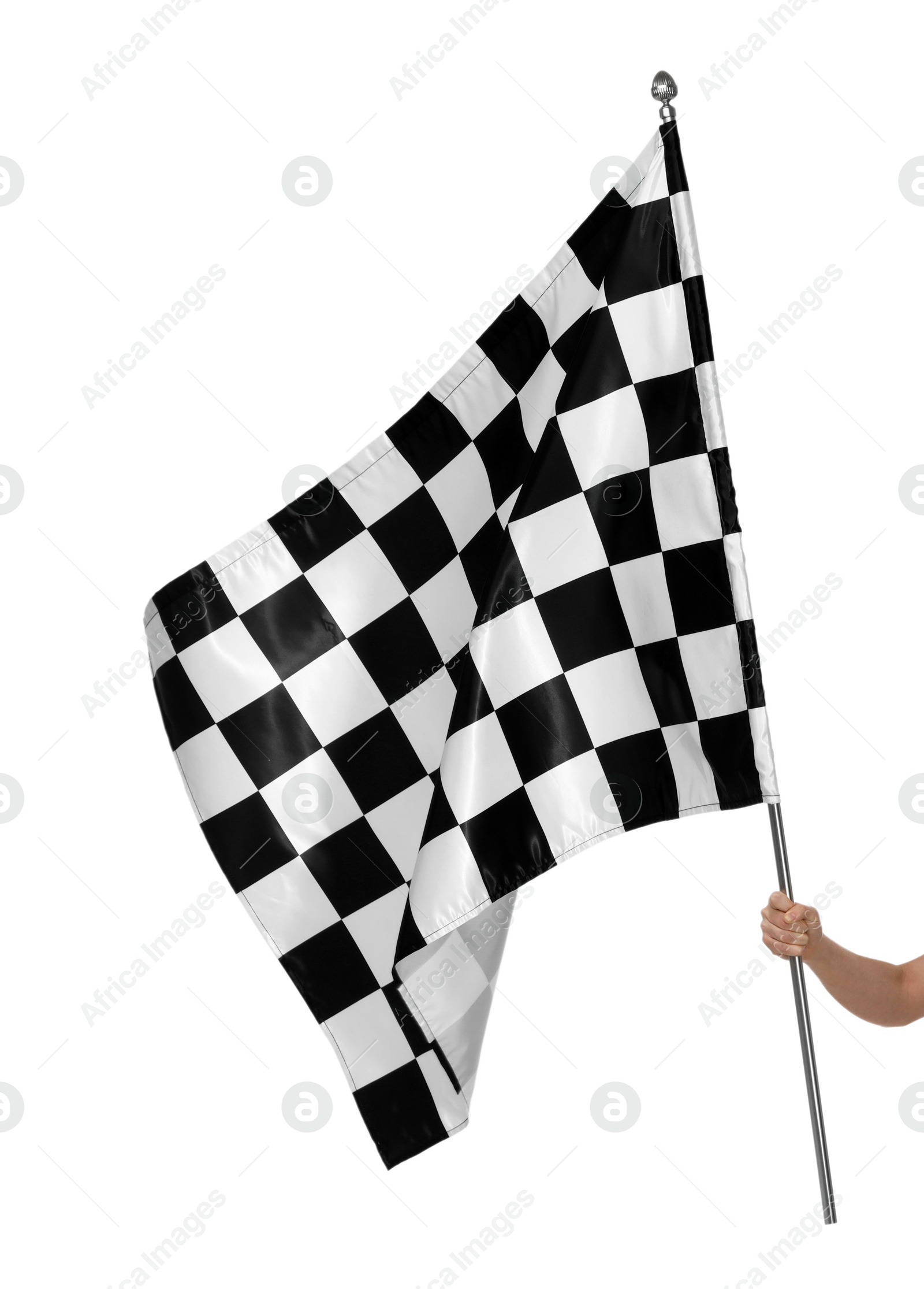 Photo of Woman with checkered flag on white background, closeup