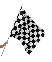 Photo of Woman with checkered flag on white background, closeup