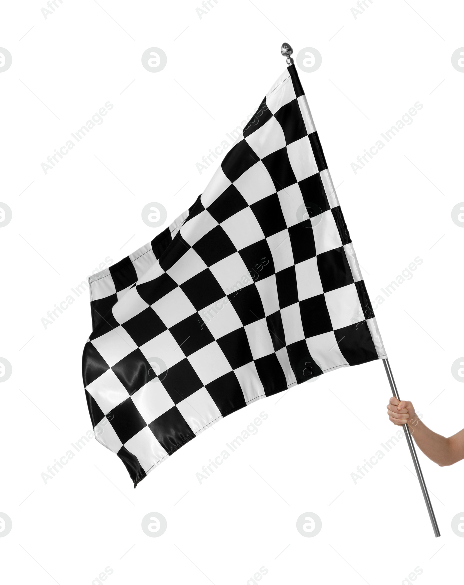 Photo of Woman with checkered flag on white background, closeup