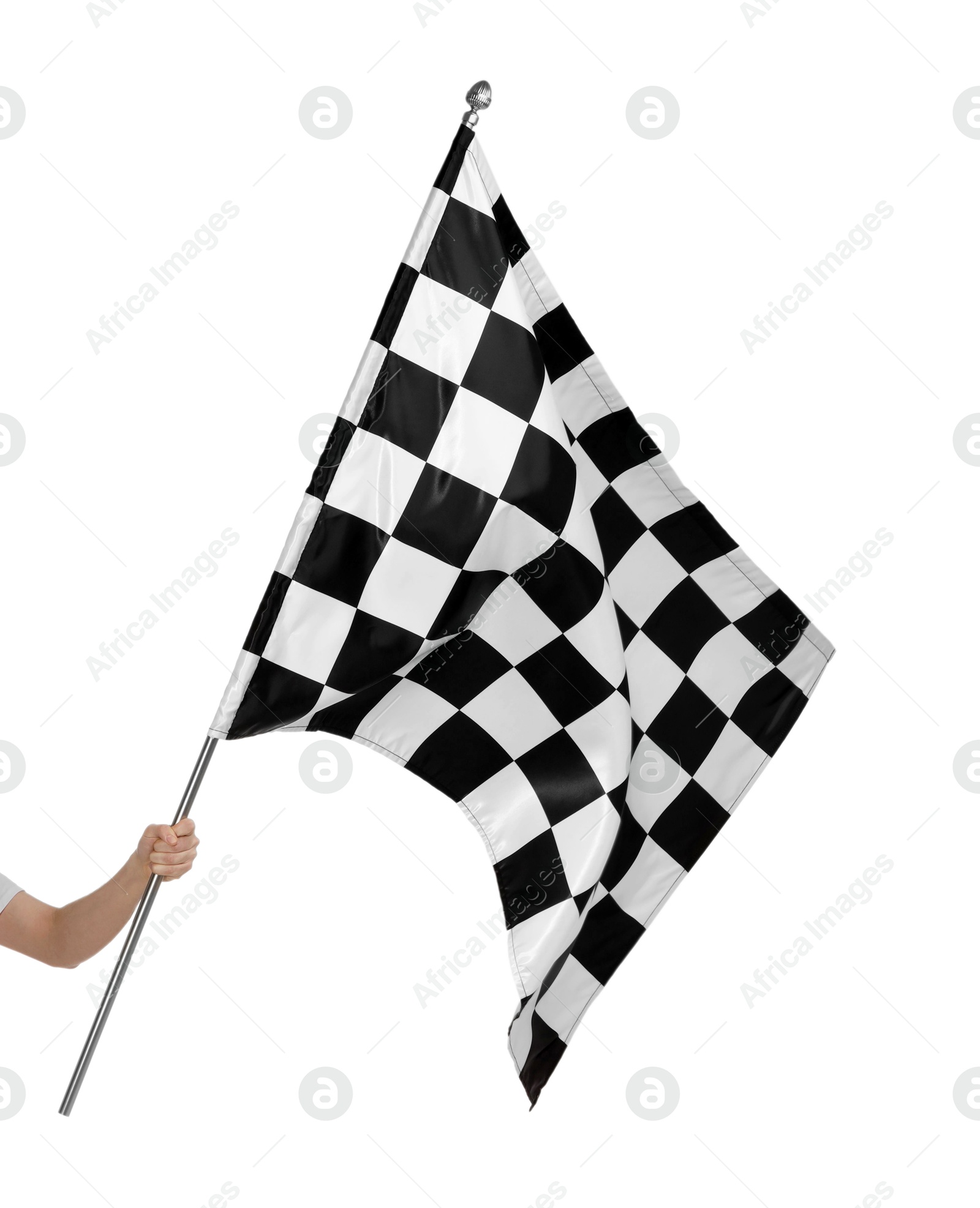 Photo of Woman with checkered flag on white background, closeup