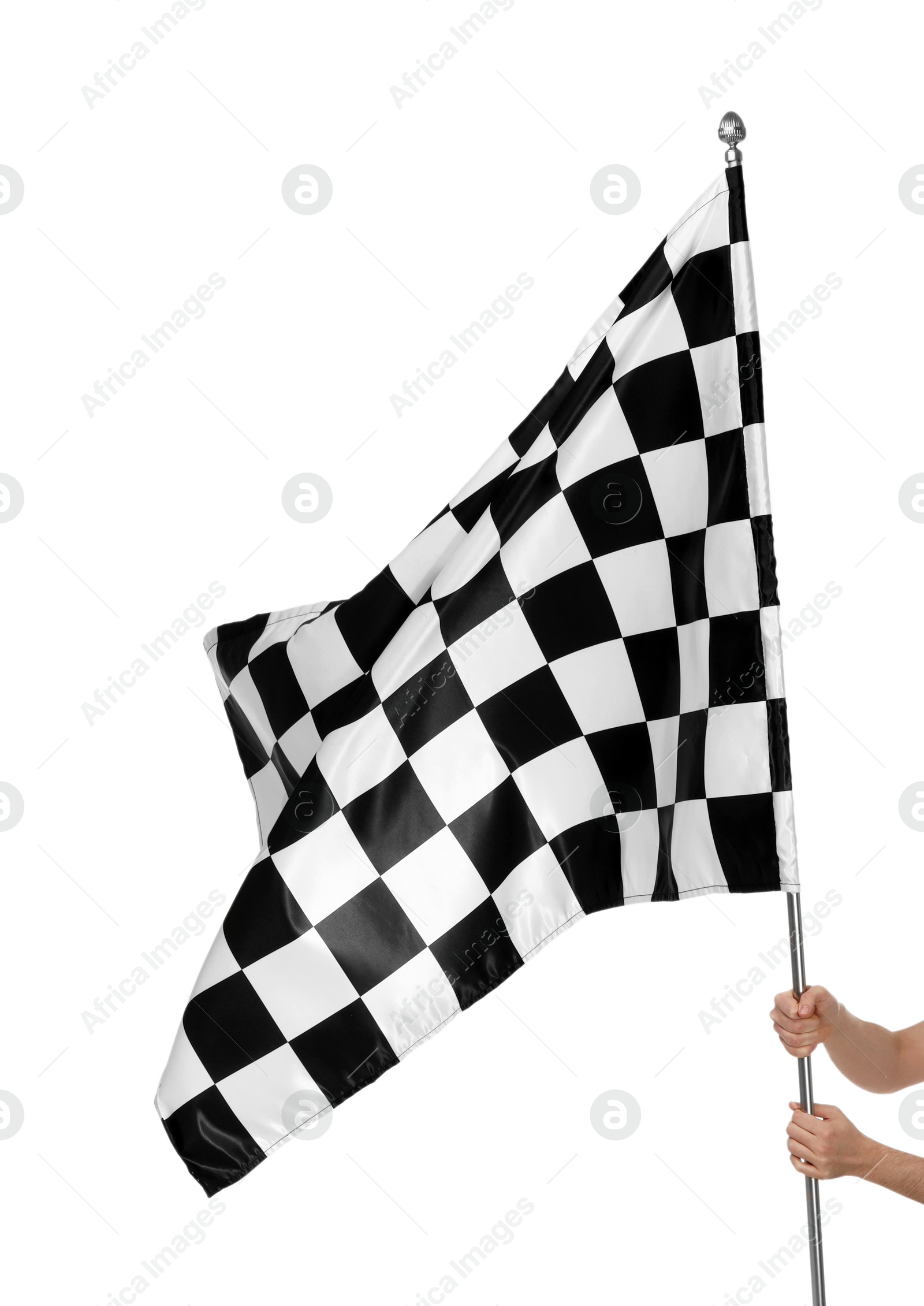 Photo of Woman with checkered flag on white background, closeup