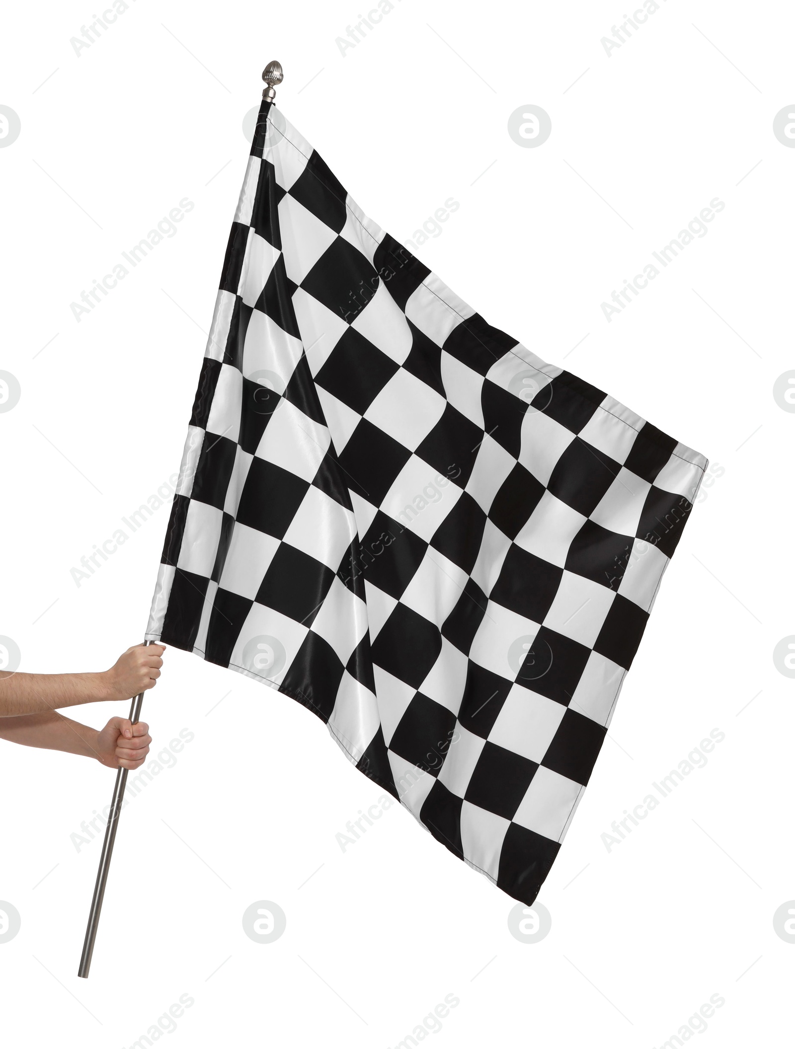 Photo of Woman with checkered flag on white background, closeup