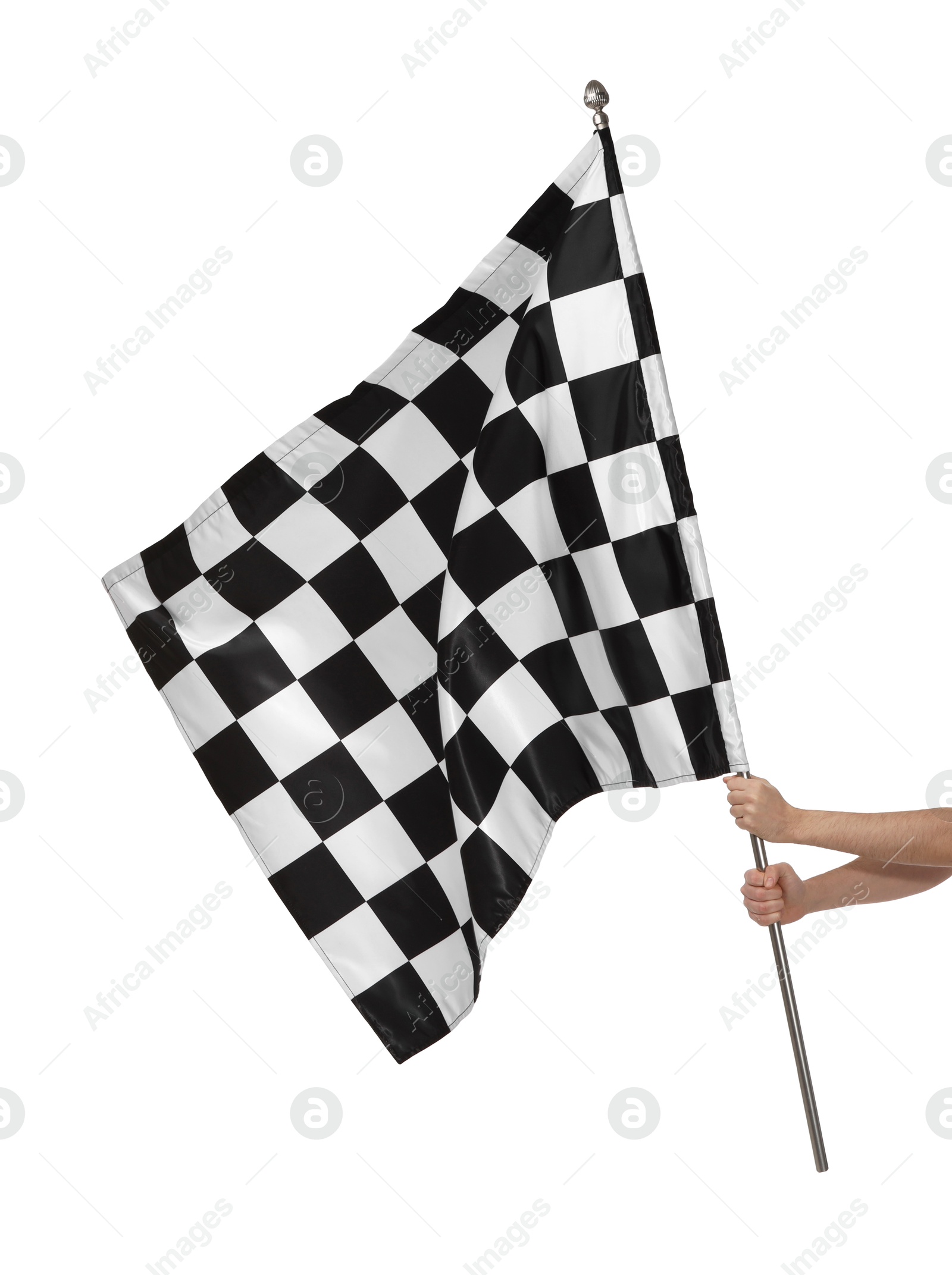 Photo of Woman with checkered flag on white background, closeup