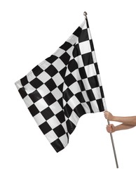 Photo of Woman with checkered flag on white background, closeup