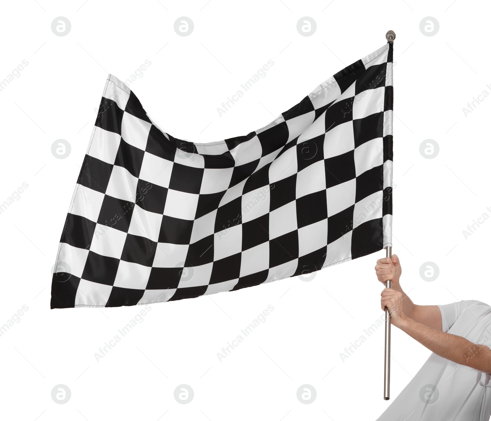 Photo of Woman with checkered flag on white background, closeup