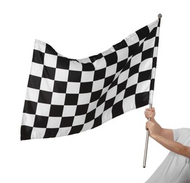 Photo of Woman with checkered flag on white background, closeup