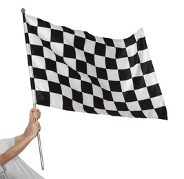 Photo of Woman with checkered flag on white background, closeup