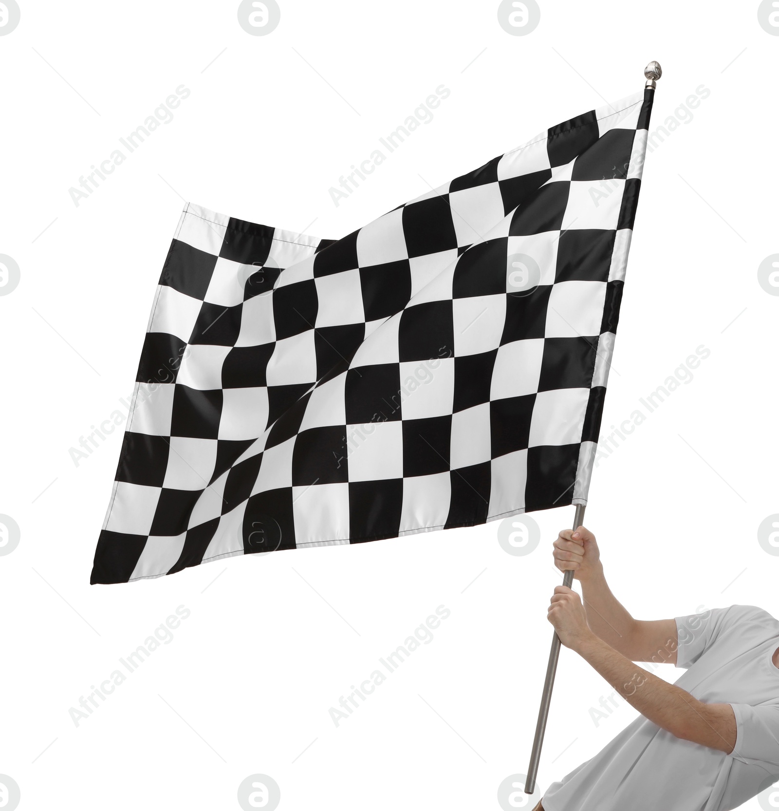 Photo of Woman with checkered flag on white background, closeup