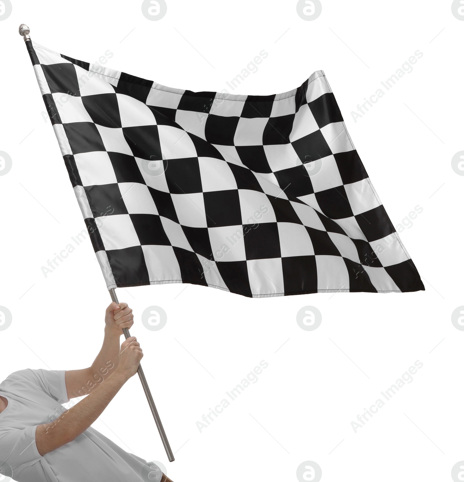 Photo of Woman with checkered flag on white background, closeup