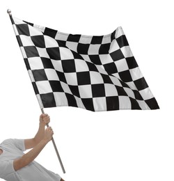 Photo of Woman with checkered flag on white background, closeup