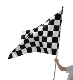 Photo of Woman with checkered flag on white background, closeup