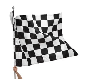 Photo of Woman with checkered flag on white background, closeup