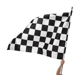 Photo of Woman with checkered flag on white background, closeup