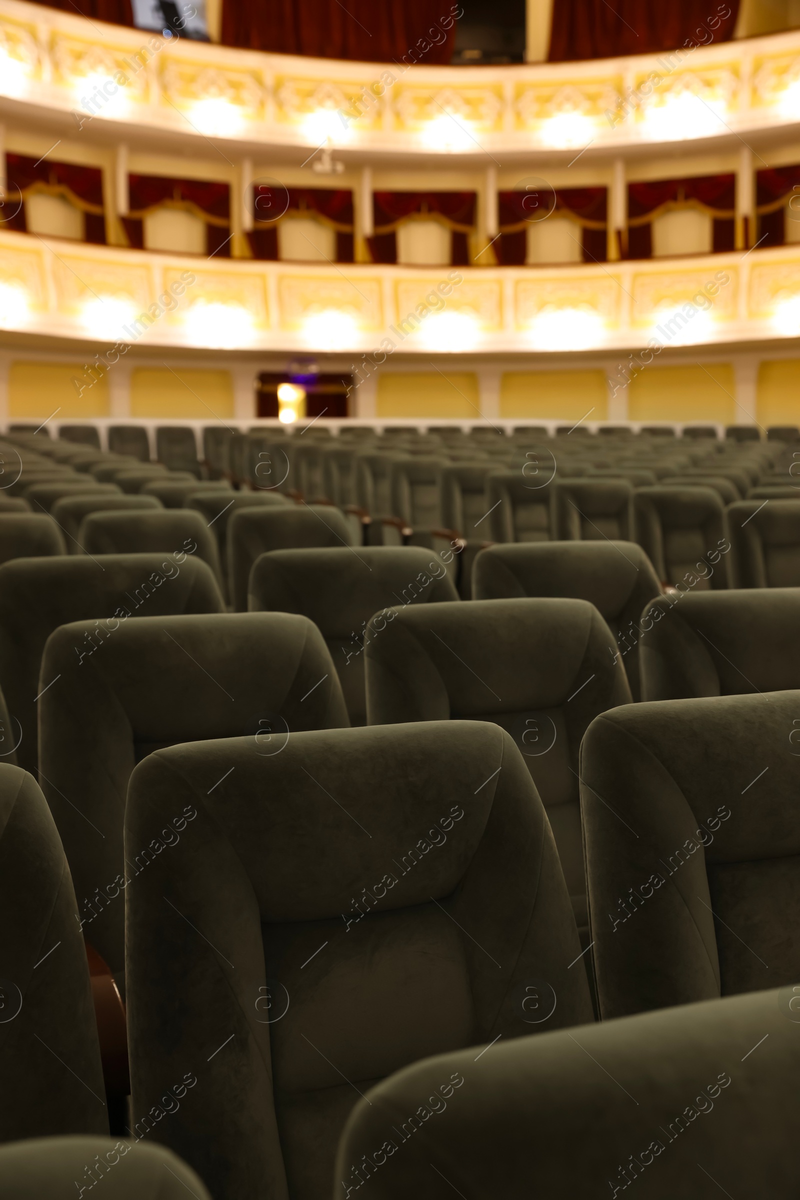 Photo of Rows of gray comfortable seats in theatre, closeup