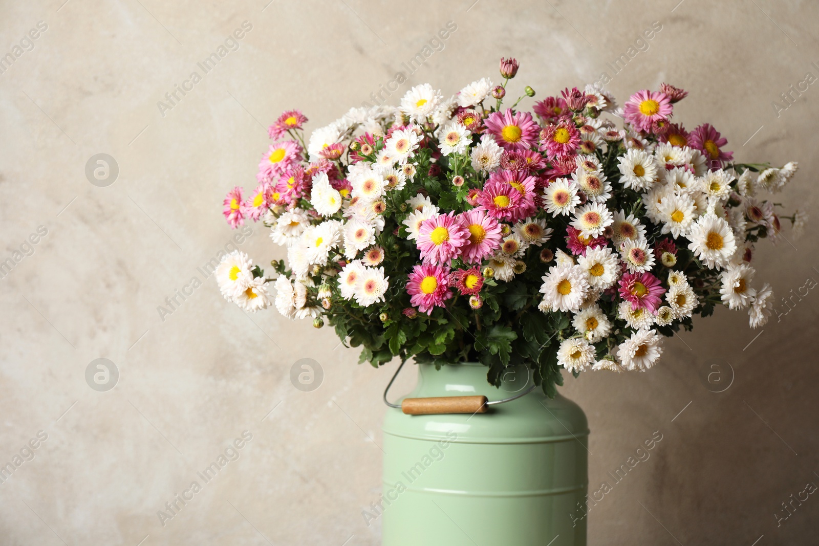 Photo of Beautiful flowers in modern vase on gray background, closeup, space for text