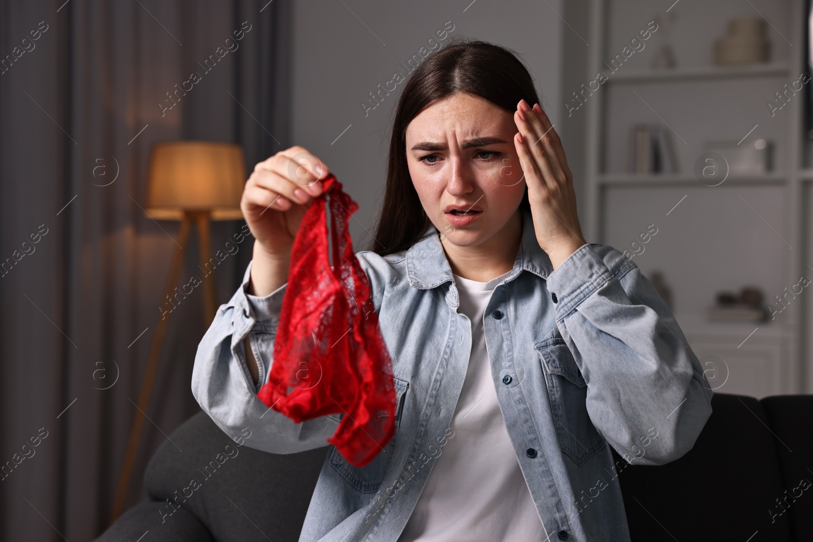 Photo of Frustrated wife with mistress panties alone at home