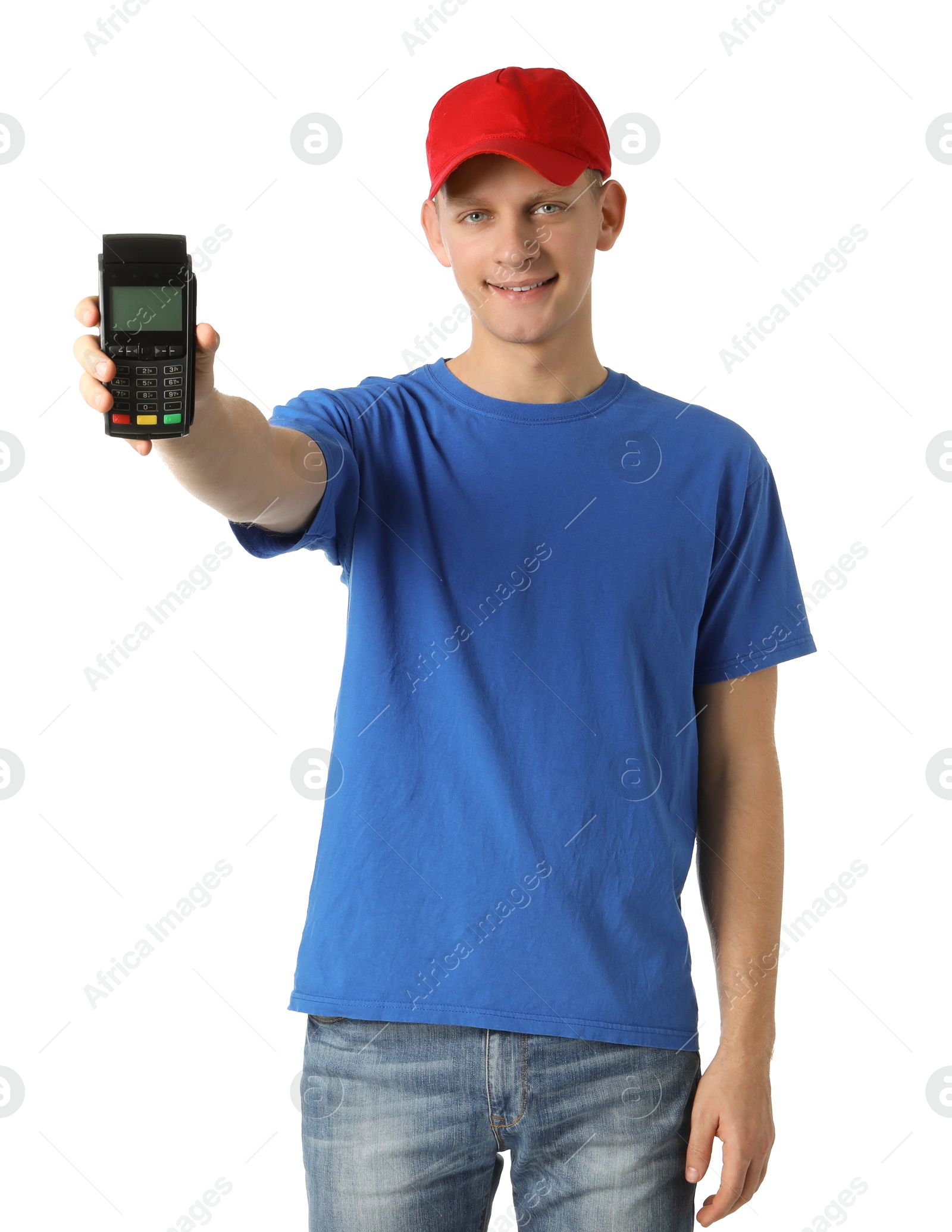 Photo of Happy courier with payment terminal on white background